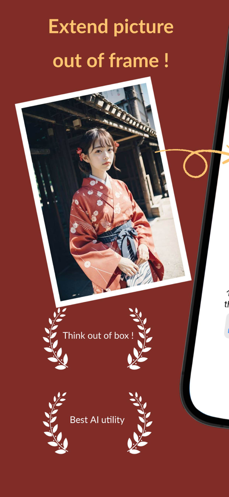ZoomOut - Out paint your photo - ZoomOut App-Screenshot, der KI-Fotoerweiterung und generative Outpainting-Funktion zeigt