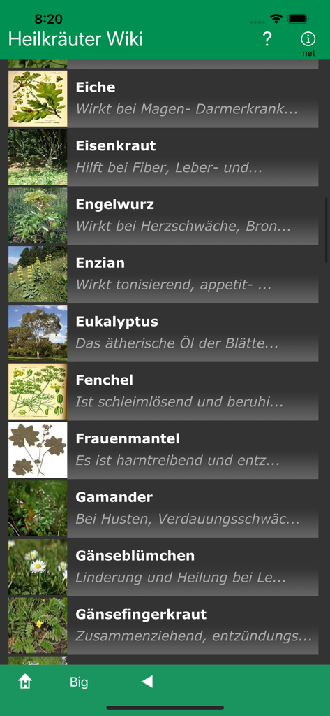 Interface do aplicativo Heilkraeuter Wiki exibindo uma lista de plantas medicinais com nomes como Eiche, Eisenkraut e Engelwurz e seus usos.