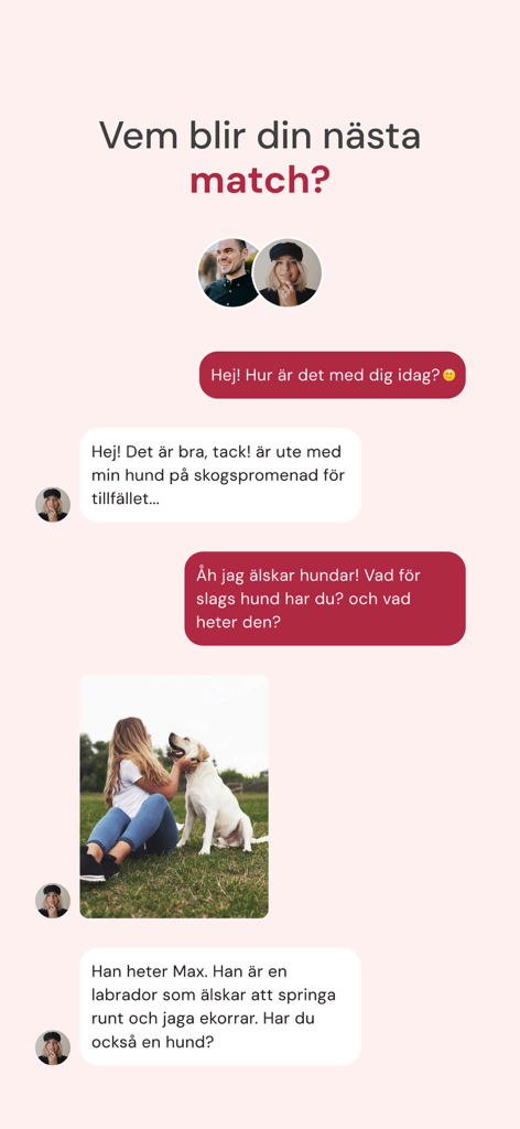 Interface of the Motesplatsen dating app showing a chat conversation between two people