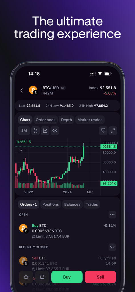 Kraken Pro: Advanced Trading - Interface de l'application mobile Kraken Pro montrant un graphique en chandeliers du prix Bitcoin et des outils de trading avancés
