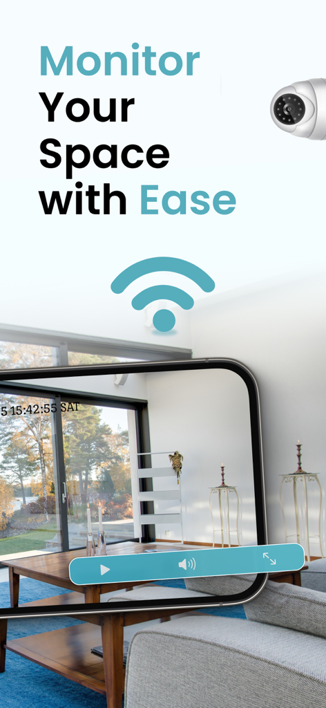 Smart Security Camera App - Smartphone zeigt einen Live-Video-Feed einer Heimsicherheitskamera in einem Wohnzimmer
