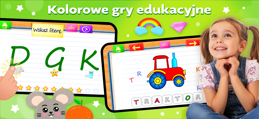 Gra Alfabet dla Dzieci - A young girl smiling next to digital tablets displaying educational Polish alphabet and spelling games