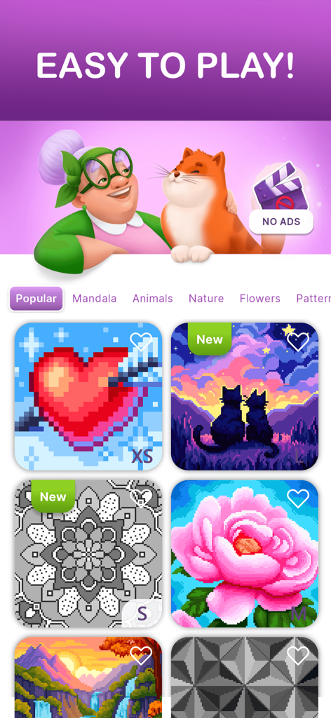 Cross Stitch: Pixel puzzle art - Benutzeroberfläche der Kreuzstich-App mit einfachen Pixel-Art-Mustern wie Tieren, Blumen und Mandalas