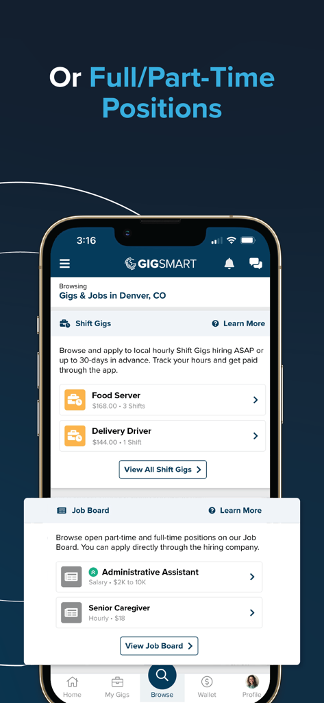 Interface of the GigSmart app showing shift gigs for food servers and delivery drivers alongside permanent job board listings