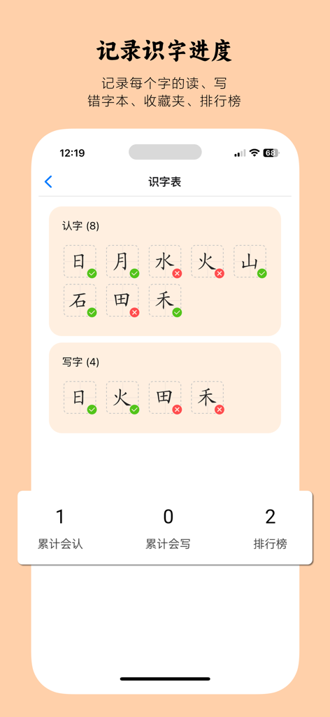 小娃识字-小学认字写字必备 - A mobile screen showing a progress tracking dashboard for learning Chinese characters with checkmarks for mastery.