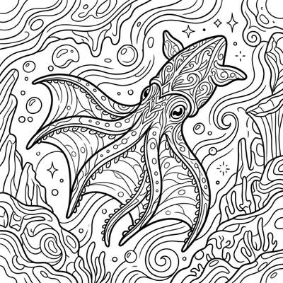 Explore the mysterious deep sea with this intricate vampire squid coloring page, perfect for teens. Its detailed patterns and unique theme offer a truly engaging artistic challenge.