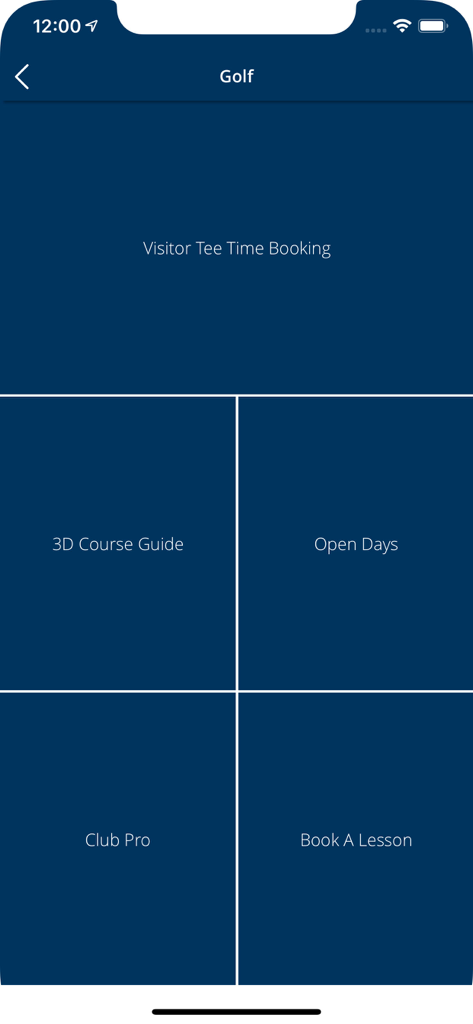 Clubnet app golf menu showing visitor tee time booking and 3D course guide options