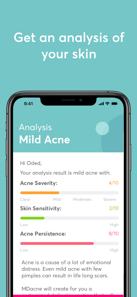 MDacne - Custom Acne Treatment - Interface de l'application mobile MDacne montrant une analyse de peau personnalisée pour une acné légère avec des scores de sévérité et de sensibilité.