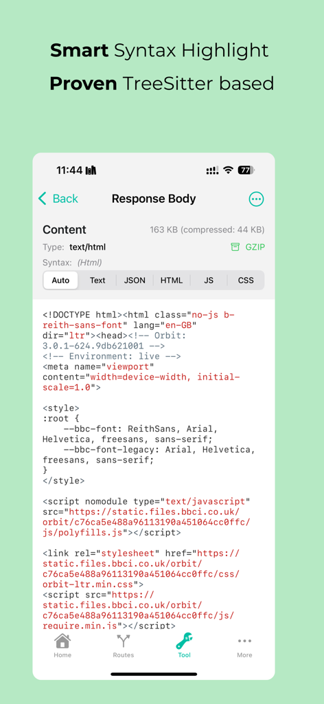 MintFlow NetStack - MintFlow NetStack app interface showing a response body with smart syntax highlighting for HTML code