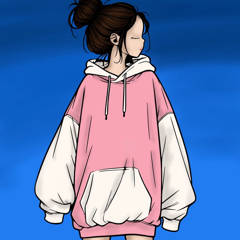 realistic girl with a oversized sweatshirt on and a bun