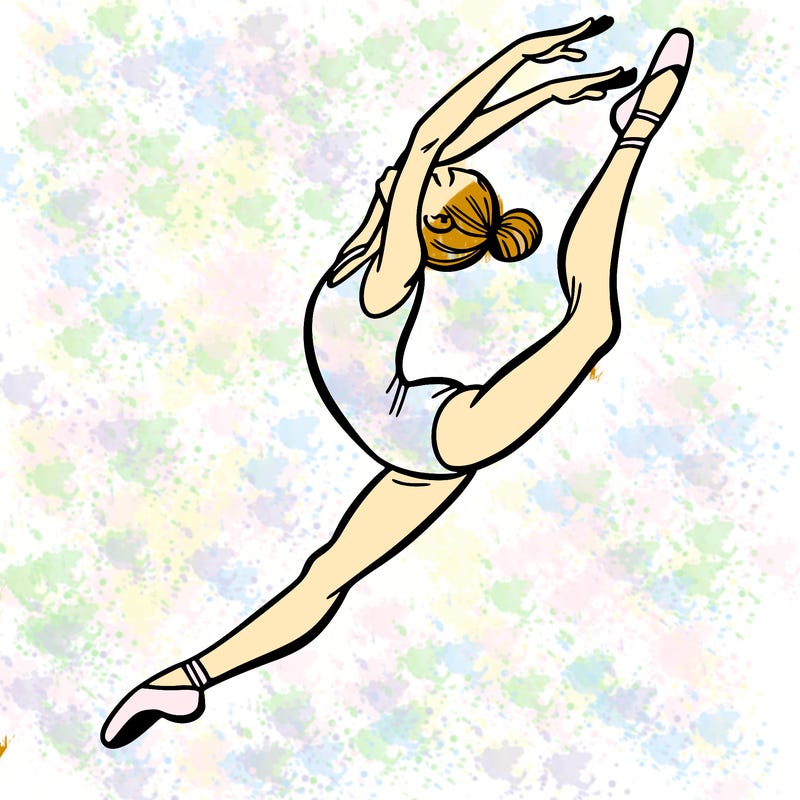 gymnast doing a leap in a leotard with a bent back leg