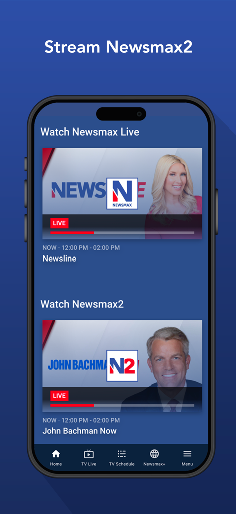 Newsmax - Newsmaxモバイルアプリのインターフェース。NewsmaxとNewsmax2のライブTVチャンネルを視聴するオプションが表示されています。