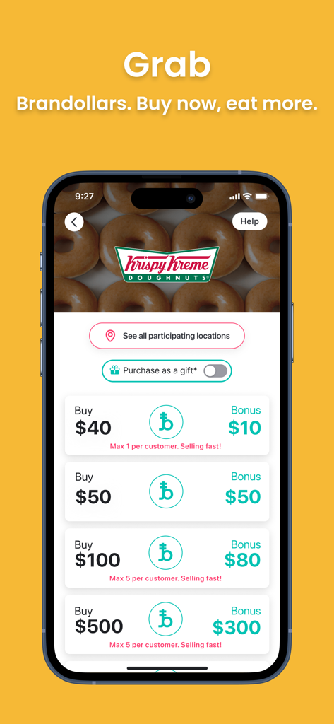 Liven app screen displaying various Brandollars purchase options and bonus credits for Krispy Kreme