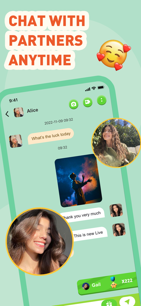 Pigo: Live Video Chat,Fun Game - Interface of the Pigo app showing a chat screen with profile pictures and the text Chat with partners anytime