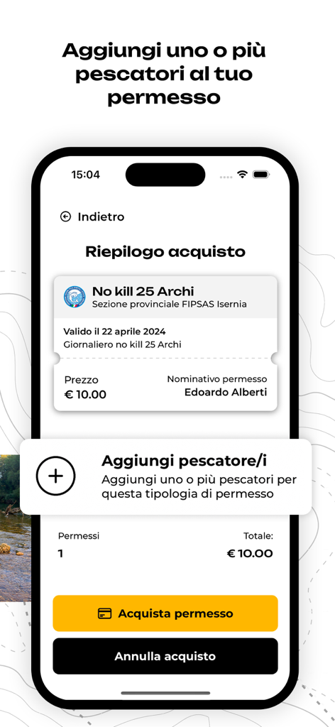 SpotFish - Fishing Spots - SpotFish app screen showing how to add fishing companions to a permit purchase summary