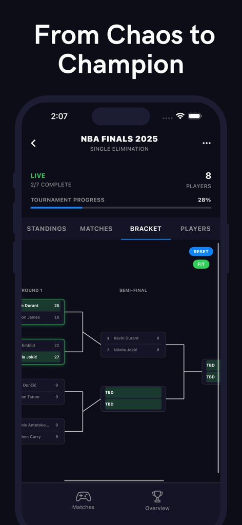 Una interfaz móvil para la aplicación Bracket que muestra un cuadro de torneo de eliminación simple para jugadores de baloncesto.