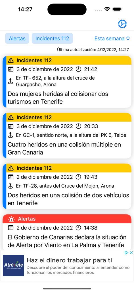 Canarias info - 交通事故や気象警報を含む、カナリア諸島向けの緊急インシデントおよび安全アラートのリスト