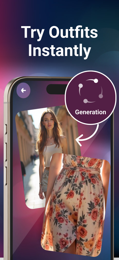 Try On AI - Try Clothes Via AI - Tela de smartphone mostrando a interface do aplicativo Try On AI com o texto Experimente Looks Instantaneamente e uma prévia virtual de roupas.