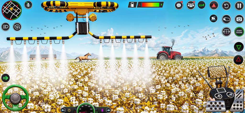 Tractor Driving Farming Games - Agricultural drone spraying a white cotton field in a 3D farming simulator game