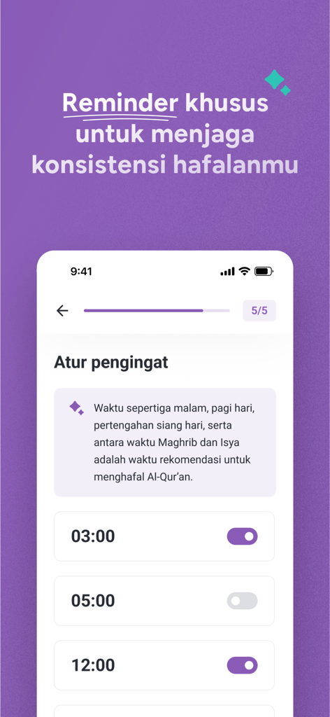 Hifz: Hafalan Qur’an Modern - Bildschirm für die Erinnerungseinstellungen in der Hifz-Koran-Auswendiglärungs-App, der geplante Zeiten für Konsistenz anzeigt
