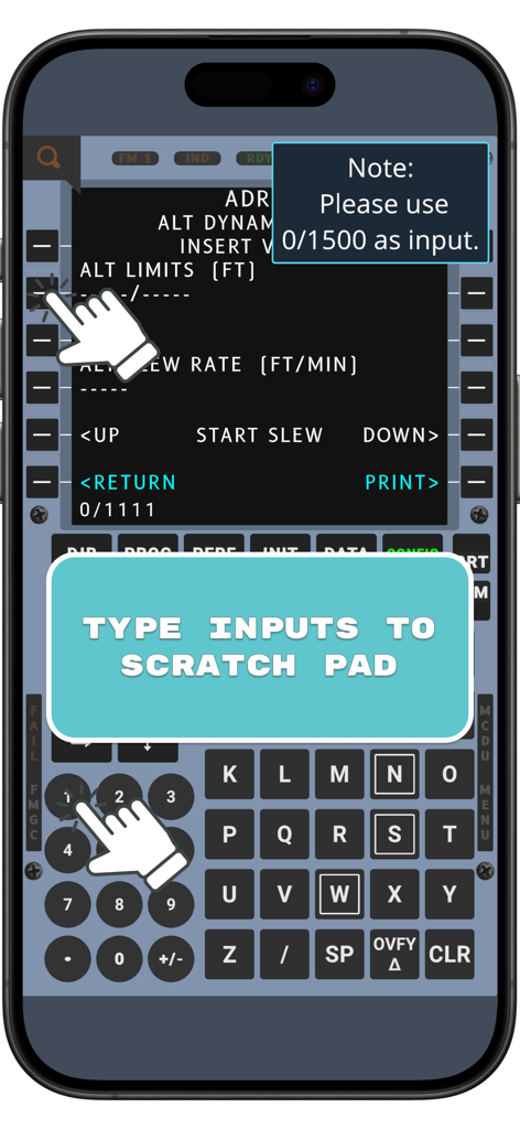 A320 CFDS Trainer - Interfaz de la aplicación Entrenador CFDS A320 que muestra una pantalla MCDU interactiva y un teclado numérico para la entrada de datos simulada de mantenimiento.