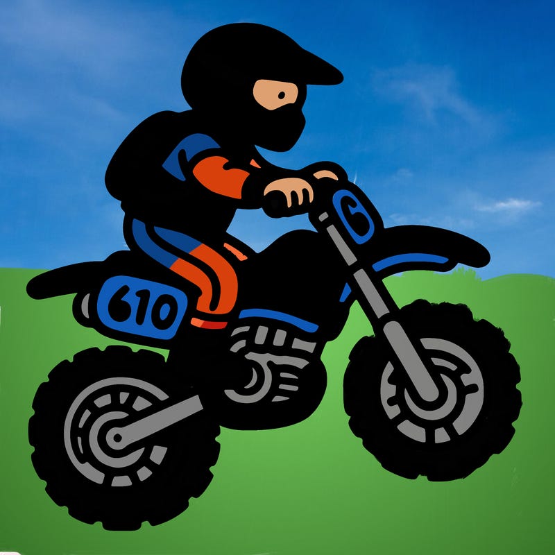 a blue dirt bike that on the plates it says 610 with a rider on it
