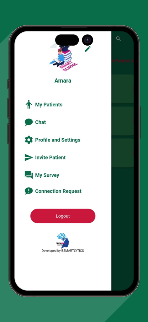 SPEEDY APP navigation sidebar on an iPhone screen displaying medical management options