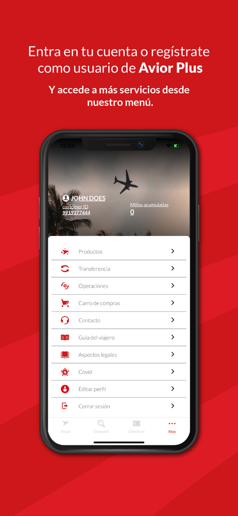 Menu da conta do usuário no aplicativo Avior Air mostrando detalhes do perfil e várias opções de viagem.