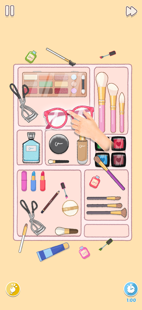 A hand organizing glasses and makeup products in a satisfying tidy game