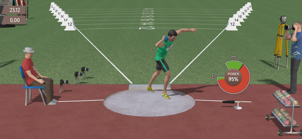 Athlete preparing to throw a shot put in the Athletics Mania mobile game with a power meter on screen