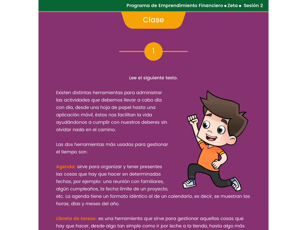 Lección educativa sobre herramientas financieras en la aplicación Nimbus 2.0 con un personaje de dibujos animados.