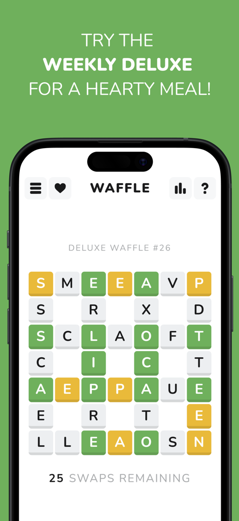 Una schermata dal gioco di parole giornaliero Waffle che mostra una griglia di puzzle Deluxe di Waffle con lettere da riorganizzare su un iPhone.