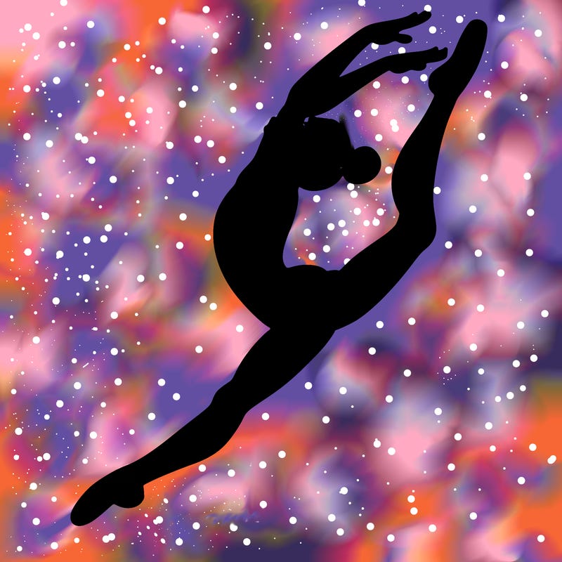 gymnast doing a leap in a leotard with a bent back leg