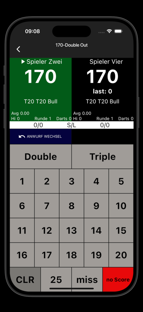My Dart Training - Scoreboard interface for a 170 double out dart game with checkout suggestions and a score input keypad.