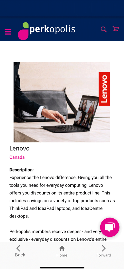 Pantalla de la aplicación Perkopolis que muestra descuentos exclusivos en portátiles Lenovo para miembros.