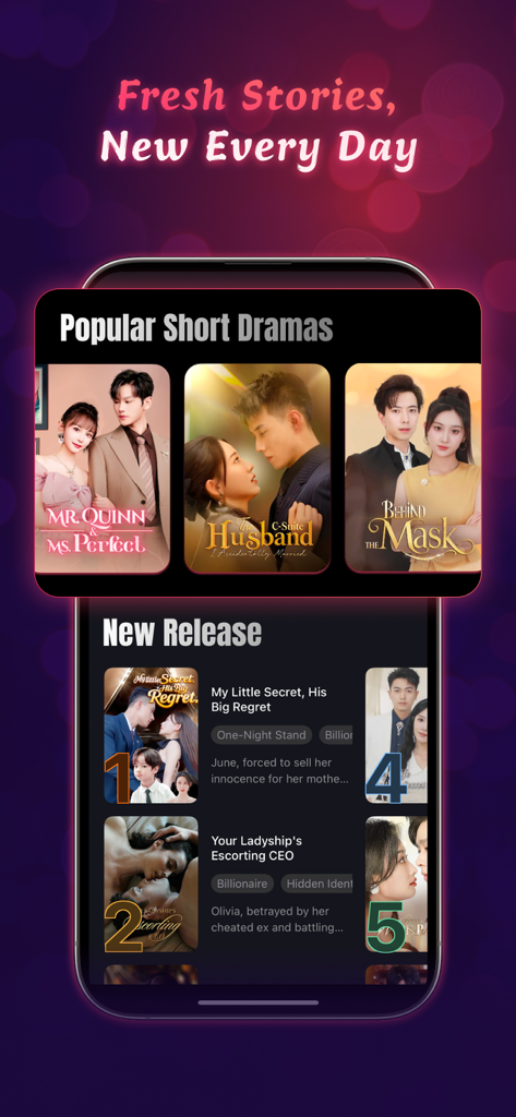 MeloShort-Stream Movies&Dramas - Écran de smartphone affichant les drames courts populaires et les nouvelles sorties sur l'application MeloShort