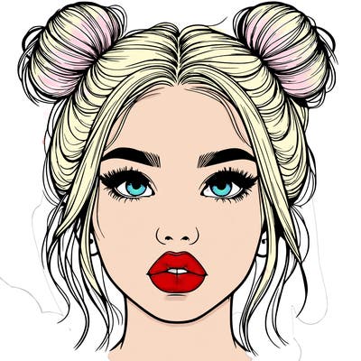 realistic girl with two buns on her hair and lips