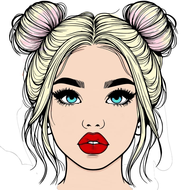 realistic girl with two buns on her hair and lips