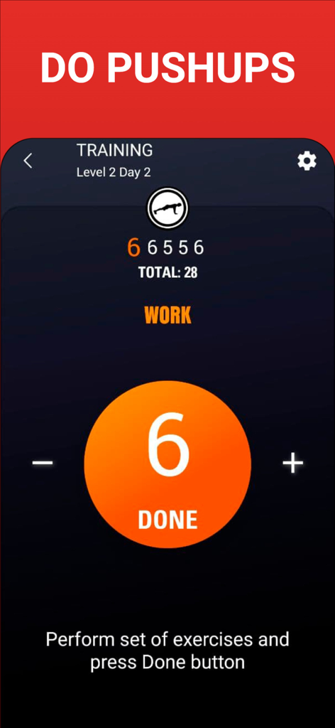 100 Pushups BeStronger Workout - Pushup workout interface with repetition counter and training level