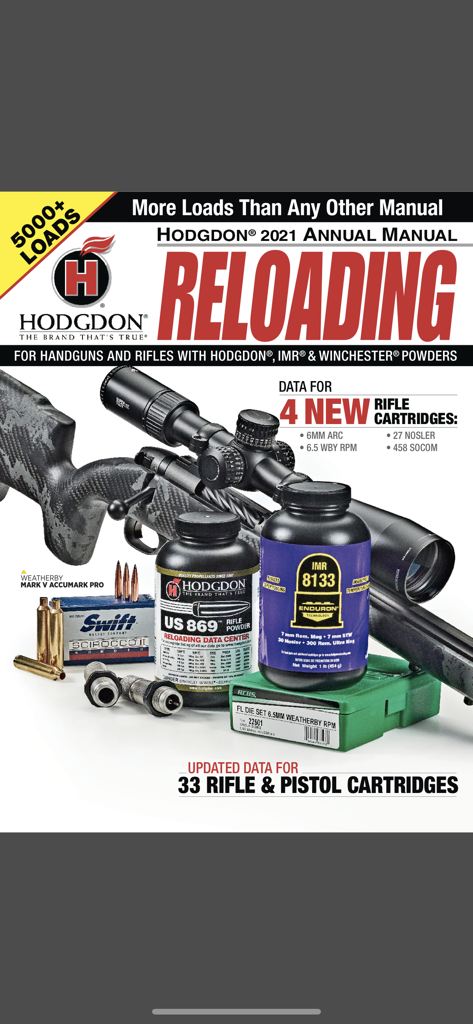 Promotional cover for the Hodgdon Reloading Manual app showing a rifle with gunpowder and ammunition components
