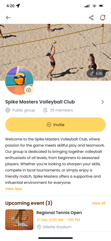 Sports in One - Profile page for a sports club featuring club details group members and upcoming regional events