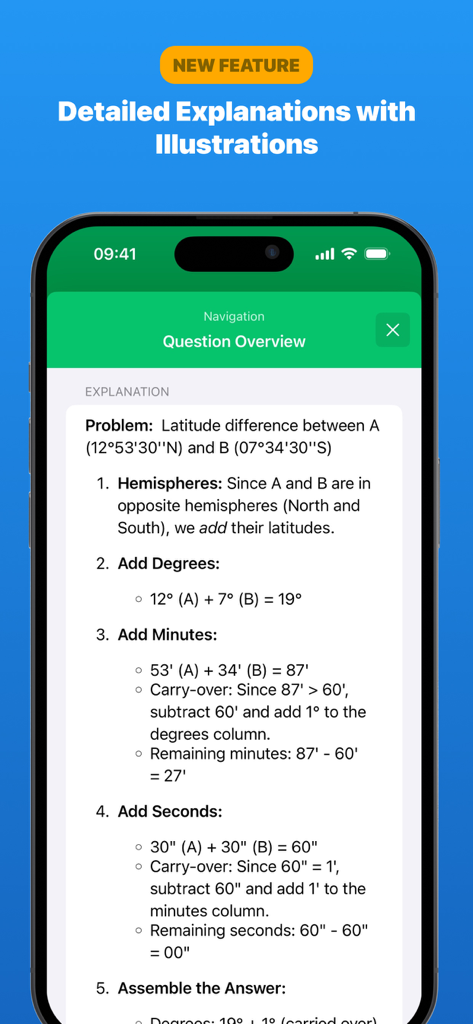 PPL試験対策アプリでの段階的な航法緯度計算の説明。