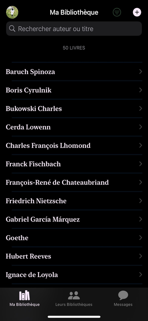 Ma Bibliotheque - Interface showing a list of authors in the Ma Bibliotheque book catalog app