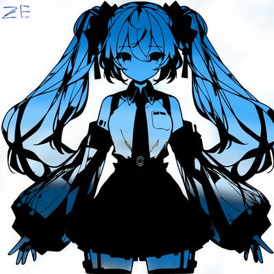 miku's appearance and looks are modeled after her v3 design. she continues to have her signature turquoise pigtails that extend down to her knees and a school uniform-like outfit. she has teal eyes and pigtails that extend down to her knees held with black and red square-shaped ribbons that have become a signature of her design. she wears a collared white sleeveless blouse with teal trimmings and a teal tie with a gray tie clip. she has a red "01 - hatsune miku" tattoo on her left shoulder and dark gray translucent separated sleeves with a teal trim that fan out near the wrists. she wears a gray thigh length skirt with teal trim and thigh-high boots, also with teal trims. her design is mostly inspired by yamaha synthesizers and keyboards.