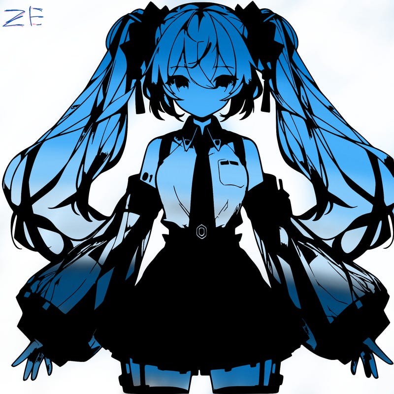 miku's appearance and looks are modeled after her v3 design. she continues to have her signature turquoise pigtails that extend down to her knees and a school uniform-like outfit. she has teal eyes and pigtails that extend down to her knees held with black and red square-shaped ribbons that have become a signature of her design. she wears a collared white sleeveless blouse with teal trimmings and a teal tie with a gray tie clip. she has a red "01 - hatsune miku" tattoo on her left shoulder and dark gray translucent separated sleeves with a teal trim that fan out near the wrists. she wears a gray thigh length skirt with teal trim and thigh-high boots, also with teal trims. her design is mostly inspired by yamaha synthesizers and keyboards.