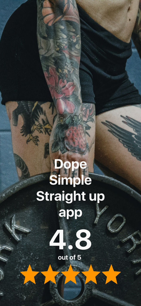 Simple Workout Log - IRONOTES - A tattooed athlete holding an iron weight plate with a four point eight star user rating overlay for the Ironotes app
