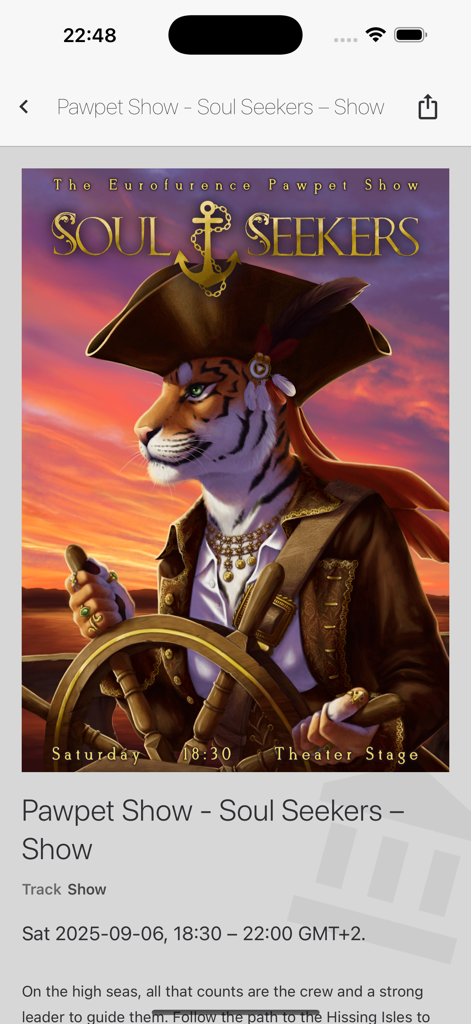 Pawpet Show Soul Seekers event details featuring a pirate tiger illustration