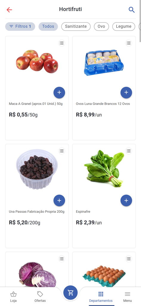 Nobre Supermercados - Nobre Supermercados app screen showing the Hortifruti section with fresh produce eggs and raisins for sale