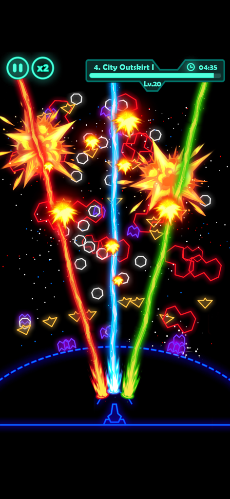 Spaceship firing colorful laser beams at enemies in a space battle.