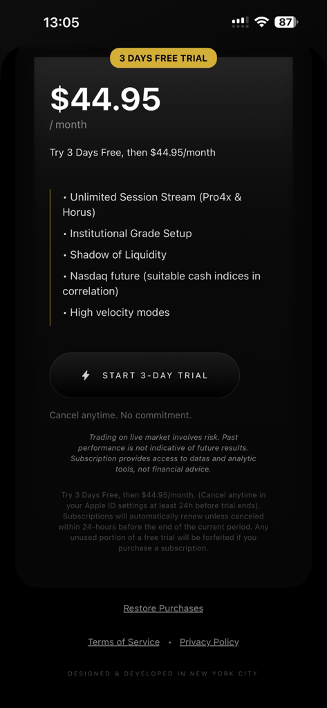 Click&Trader - Pantalla de planes de suscripción de la aplicación móvil Click and Trader que muestra el precio del plan profesional y una prueba gratuita de tres días